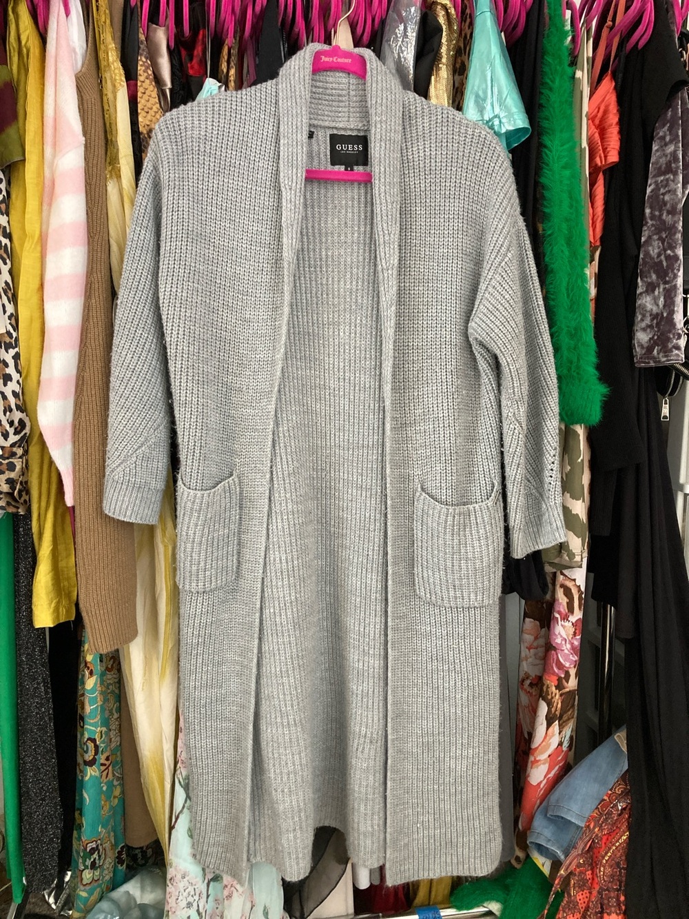 GUESS Heather Gray Open-Front Long Ribbed Cardigan